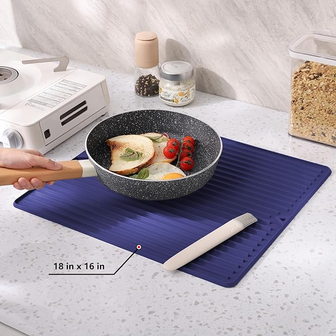 Dish Drying Mat, 16" x 18" Silicone Drying Mat for Kitchen Counter, Large & Thicker Silicone Dish Drying Pad with Raised Edges for Countertop, Multi-Purpose & Heat Resistant