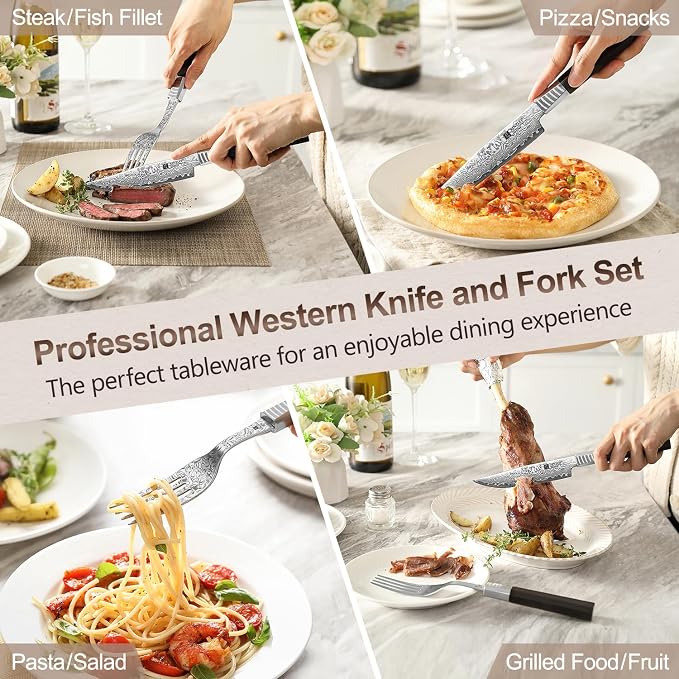 XINZUO Damascus Steel Non Serrated Steak Knife And Fork Set Of 2,67-Layer Damascus Steel Table Fork And Knife With Ebony Handle,Includes 5 Inch Steak Knife And Fork