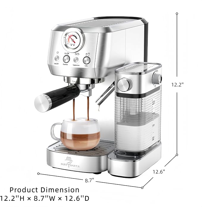 MAttinata Cappuccino Machine, Espresso Machine with Automatic Milk Frother | Compact Coffee Maker, 20 Bar Italian Pump, Pressure Gauge, Adjust Hot Milk Foam, Latte Art, Small for Home, Stainless Steel