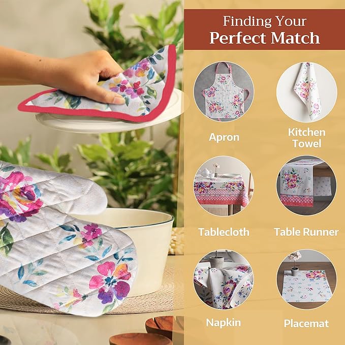 Maison d'Hermine Oven Gloves 100% Cotton Oven Mitt 7" x 13" with Loop Heat Resistant BBQ Cooking Gloves Baking Grilling Gifts for Mothers Day Spring/Summer (Pack of 1, Rose Garden)