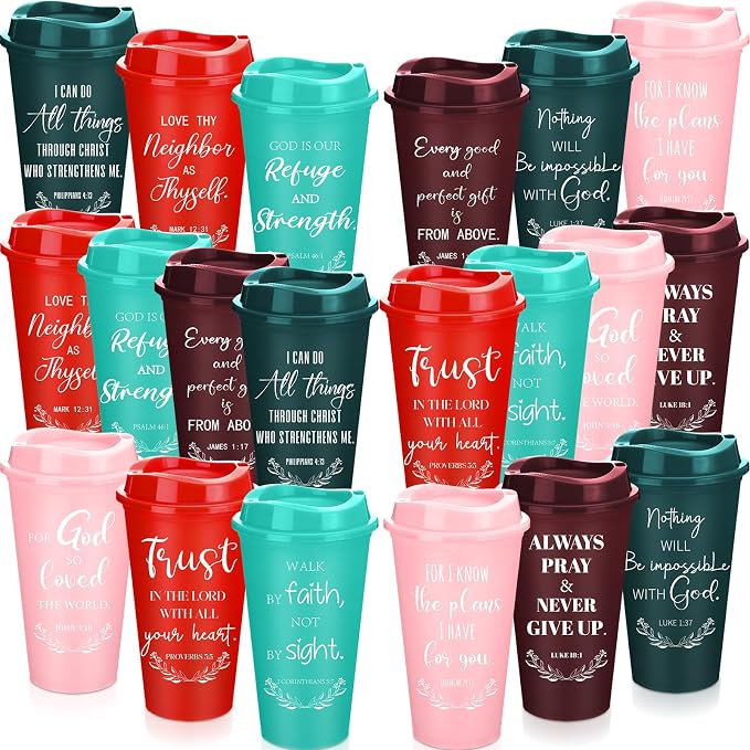 Skylety 40 Pack Bulk Christian Gifts for Men Women 16oz Reusable Bible Verse Tumbler Plastic Coffee Cup with Lid Inspirational Religious Church Gift for Teacher Graduation Party Favor (Bright Color)