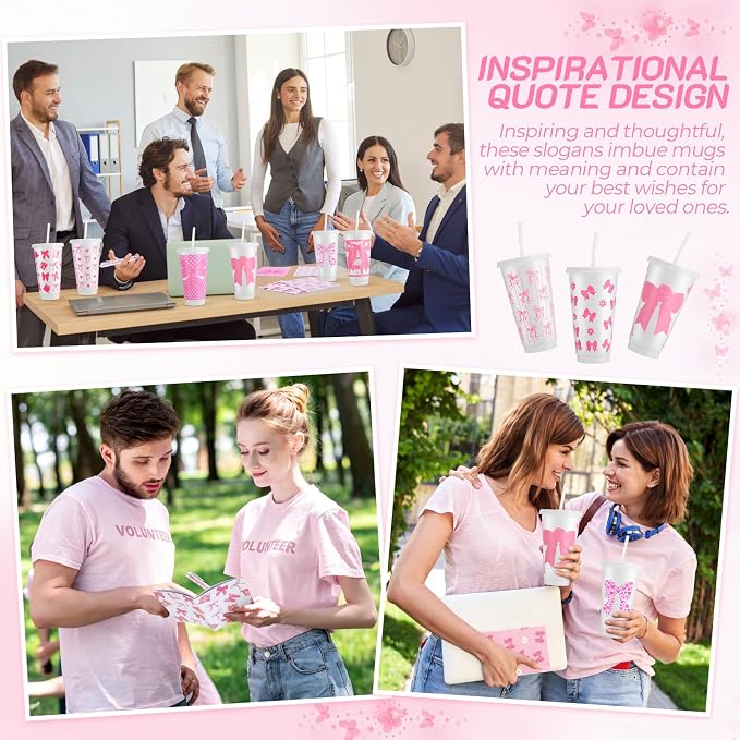 Feifeiya 72 Pcs/ 24 Set Pink Bow Gifts 24 oz Reusable Tumbler with Lids and Straws Cute Pens Notepads Set Coquette Plastic Cups Gift for Bachelorette Birthday Baby Shower Decoration Favors