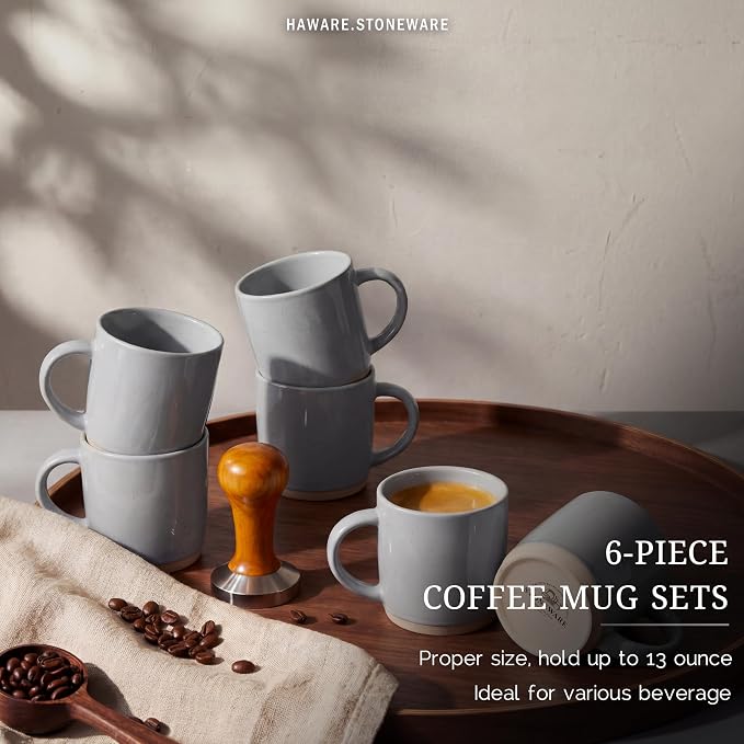 HaWare 13OZ Coffee Mugs Set of 6, Stoneware Coffee Cups, Ceramic Latte Mug for Man, Woman, Dad, Mom, Modern Tea Mugs for Latte/Cappuccino/Cocoa/Milk, Dishwasher& Microwave Safe, Speckled Misty Grey