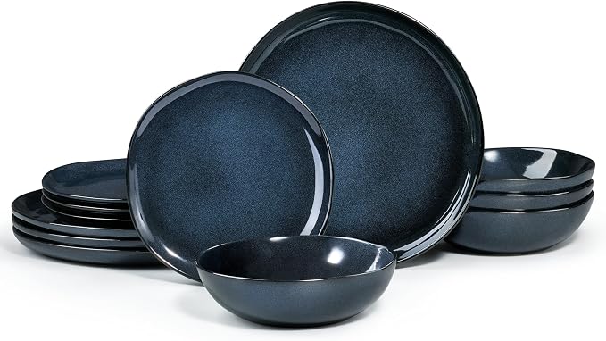 HaWare Plates and Bowls Set, Stoneware Dinnerware Sets, 12-Piece Hand-painted Dishware for 4, Ceramic Dinner Set for Home Kitchen, Microwave and Dishwasher Safe, Reactive Starry Blue