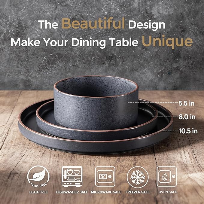 LERATIO Ceramic Dinnerware Sets for 6, High Edge Stoneware Plates and Bowls Set, Chip and Crack Resistant | Oven & Dishwasher & Microwave Safe Dishes Set, Service for 6 -Ashen