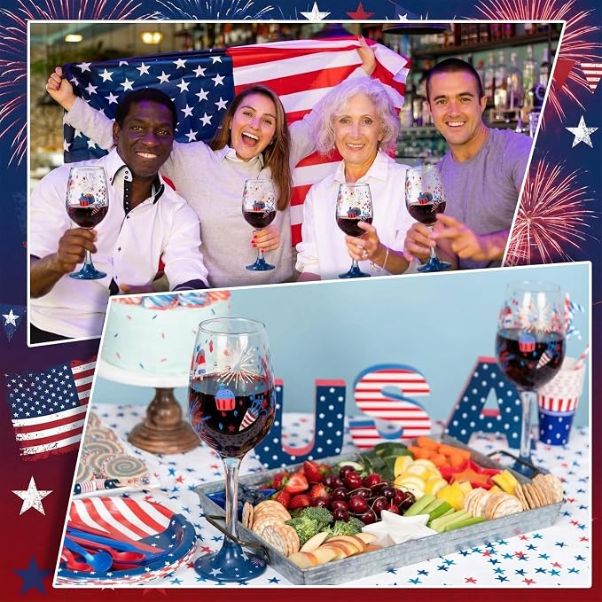 SiliFine 4 Pcs Patriotic 4th of July Stemmed Wine Glasses Hand Painted USA American Fireworks Star Drinking Cup Wine Glasses Gifts for Independence Day Birthday Theme Holiday Party Supplies