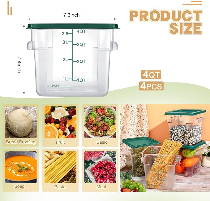 Maxcheck 4 Pcs 4qt Food Storage Container with Lids Bulk Clear Plastic Commercial Food Storage Bins with Scale Handle Space Saving Restaurant Tubs for Kitchen Prep Proof Dough(Green)