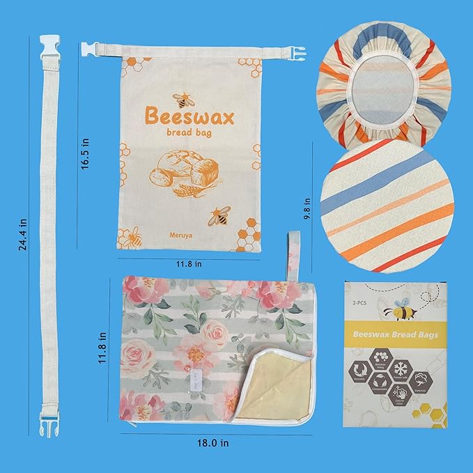 Reusable Beeswax Bread Bags for Sourdough – XXL Large Bread Storage Bag with L-Shape Wide Zipper & Detachable Shoulder Strap, Set of 2 + Cotton Linen Bowl Cover for Homemade Bread