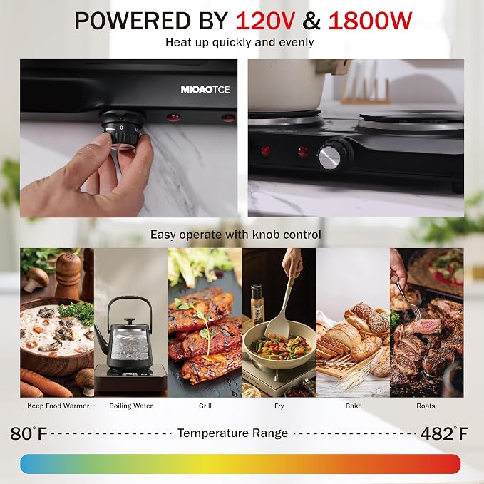 1800W Electric Hot Plate for Cooking, Double Burner with 7.2"&6.1" Cast Iron Heating Plate, Portable Cooking Stove, Adjustable Temperature Controls, Easy to Clean, Compatible for All Cookwares