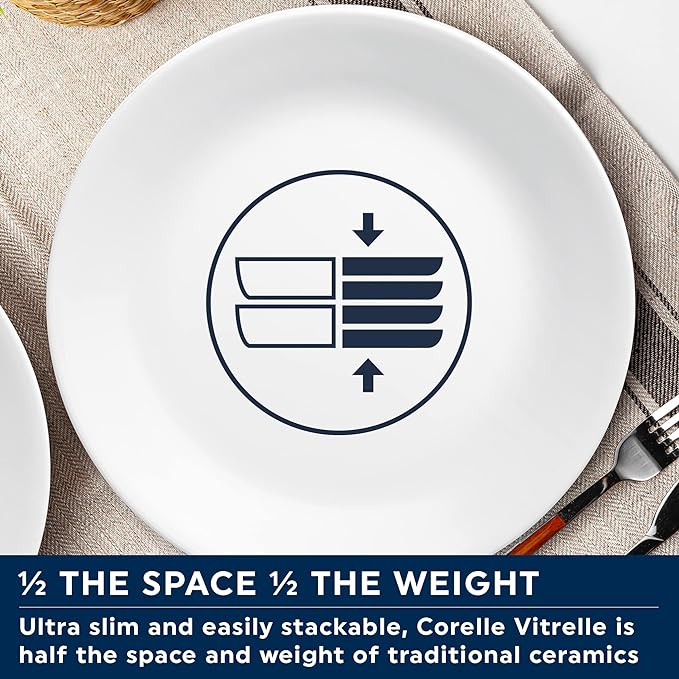 Corelle Dinnerware Set (12pc, Simple Sketch)-Dinner for 4 Includes x: Dinner Plates, Side & Bowls 3 X More Durable, Half The Space Weight of Ceramic up to 80% Recycled Glass, 1146920