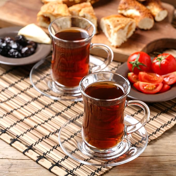 Volarium 4.9 oz (145 cc) Small Turkish Tea Set, 12 Piece Modern Turkish Tea Glasses & Saucers Set, 6 PCs Clear Glass Tea Cups with Handle and 6PCs Glass Saucers