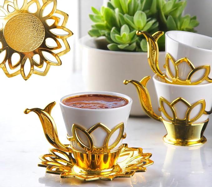 Alisveristime (Set of 6) Turkish Coffee Set with Porcelain Cups, Zamac Holders & Saucers – 80ml Capacity, Ottoman Motif, 4 Color Options (Gold)
