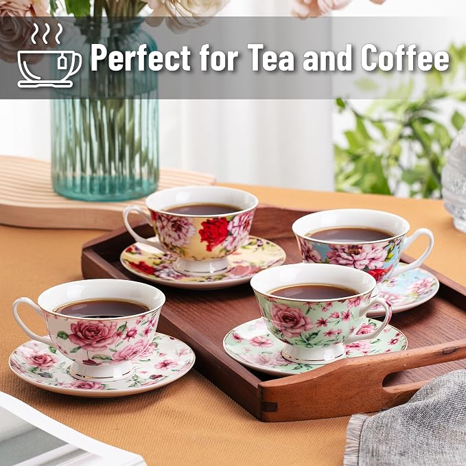BTaT- Floral Tea Cups and Saucers Set of 4, 7 oz | Porcelain Tea Cup Set Assorted Colors Gold Trim Dishwasher Freezer Safe