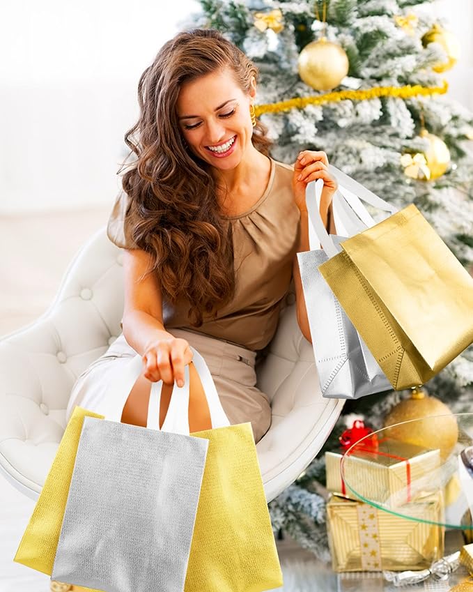 Eccliy Reusable Gift Bags Set Glossy Grocery Gift Tote Bag with Handle for Wedding, Bridal Shower, 4th of July, Summer Event(10 x 8 x 4.7 Inch,Rose Gold, Gold, Silver,80 Pcs)