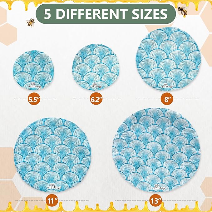 Beeswax Bowl Covers Set of 5 (XS–XL) – Reusable Elastic Food Covers for Bowls – Organic Cotton with Beeswax, Washable & Plastic-Free | Li’l Things – Seashell Serenade