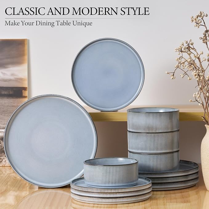 E-far Stoneware Dinnerware Sets, 18-Pieces Modern Plates and Bowls Sets, Kitchen Dinning Porcelain Dishes Set for 6, Chip & Scratch Resistant, Dishwasher & Microwave Safe, Dusty Blue