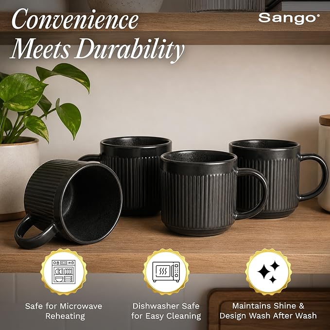 SANGO Anderson Black Coffee Mugs Set of 4, 16.5 oz Stoneware Coffee Mug Set, Big Ceramic Tea Cup with Matte Glaze for Cappuccino, Latte, Large Coffee Cups with Handle, Microwave & Dishwasher Safe