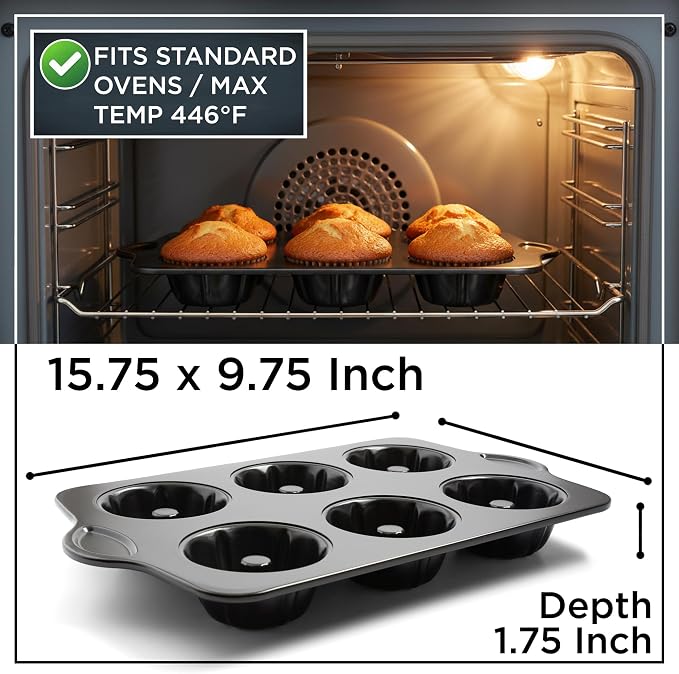 Wrenbury Nonstick Mini Buntz Cake Pan Non Stick for Baking Fluted Cake Tin | 6 Cup Bundlette Tray for Small Cakes - PFOA Free and Dishwasher Safe - 3.75” Cup Width