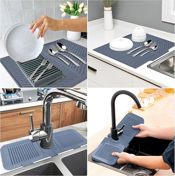 2 Pieces Silicone Faucet Mat for Kitchen Sink and Dish Drying Mat for Multiple Usage , Sink Water Splash Guard , Dish Mat , Draying Mat for Kitchen Counter-Grey