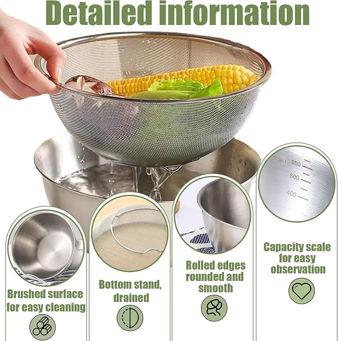 3.7 Qt Stainless Steel Colander & Mixing Bowl with Scale, Large Metal Food Strainer Bowl Fine Mesh for Kitchen Washing Fruit Vegetable Rice Pasta Baking Salad Cooking (Silver)