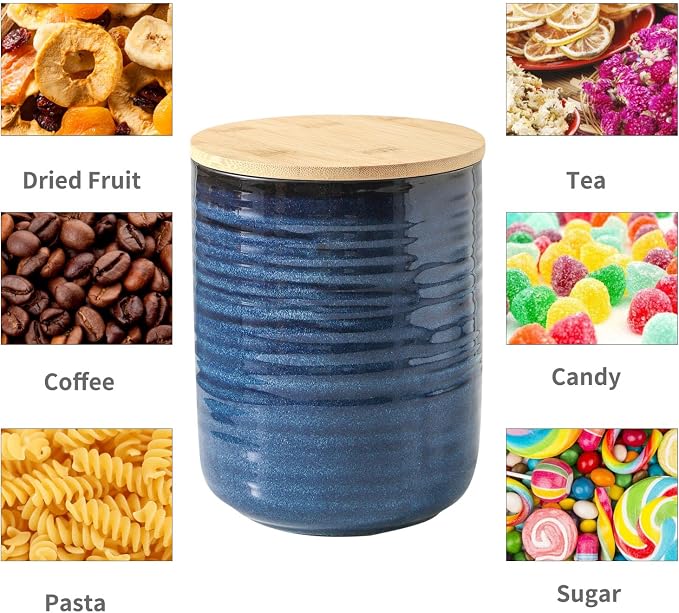 HASENSE 80oz Ceramic Food Storage Jar with Airtight Bamboo Lid – 7.5 Inch Large Kitchen Canister for Coffee, Sugar, Flour, Tea, Snacks – Wide Mouth Blue Container for Pantry Organization