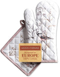Maison d' Hermine 100% Cotton Oven Mitt & Pot Holder Set (7.5"x13" & 8"x8") Heat Resistant BBQ Cooking Gloves with Loop Baking Kitchen Gifts for Mothers Day Spring/Summer (Meadow Florals - Brown)