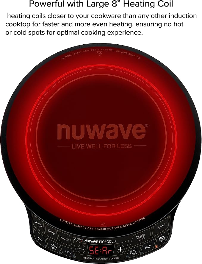 Nuwave Precision Induction Cooktop Gold, 12” Shatter-Resistant Ceramic Glass Surface, Large 8” Heating Coil, Portable, 96 Temp Settings 100°F to 575°F, 3 Wattage Settings 700, 900, and 1500 Watts