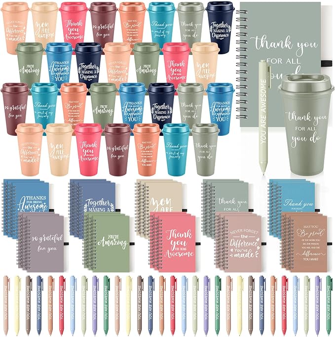 Teenyyou 90 Pcs Employee Appreciation Gift Set, 16oz Tumbler with Lid Notebook Pen Bulk Thank You Gift Holiday Party Favor for Teachers Office Coworker Teacher Staff Team (Bright Color,Delicate Style)
