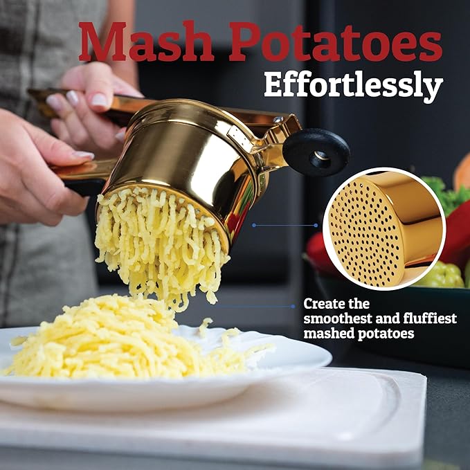 PriorityChef Large 15oz Potato Ricer With 3 Discs, Heavy Duty Stainless Steel Potato Ricer for Mashed Potatoes, Potato Masher, Press and Ricer Kitchen Tool, Gold Steel Black Silicone