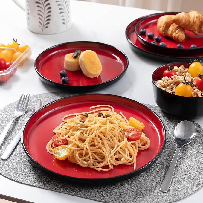 12-piece Dinnerware Sets Service for 4 - Dinner Plate, Dessert Plates, Cereal Bowls, Lightweight Melamine Plates and Bowls Sets, RV, Kitchen Dishes for Outdoor Use, Red and Black
