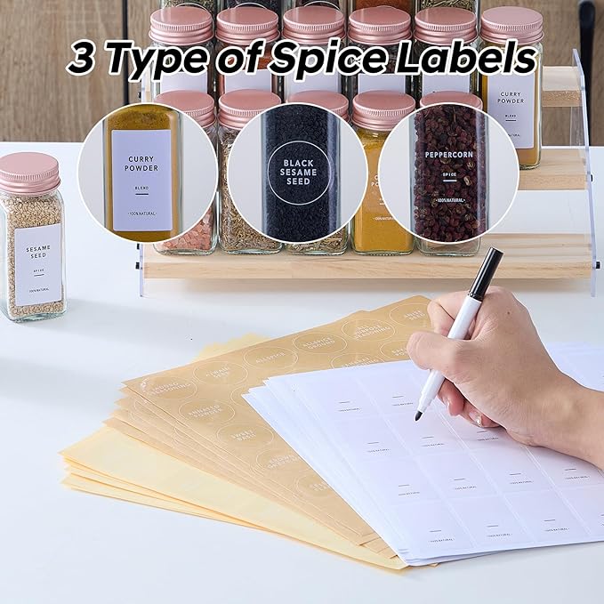 24 Pcs Glass Spice Jars with Labels and Pink Metal Caps, 4oz Empty Spice Containers with Shaker Lids, Funnel, Pen,Seasoning Storage Bottles for Spice Rack, Cabinet, Drawer