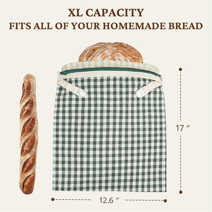 BRONYPRO Reusable Beeswax and Linen Bread Bags with Zipper, 2-Pack Waxed Bread Bags for Homemade Bread & Sourdough, Sustainable Loaf Storage to Lock in Freshness, Large 17x12.6in, Green Gingham