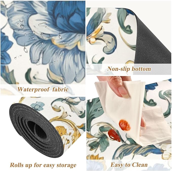 2 in 1 Table Runner Trivet for Hot Pots and Pans Heat Resistant Non Slip Waterproof 39 x 12 Inch Decorative Table Protector for Kitchen Countertop Royal Floral Blue and Yellow Tile