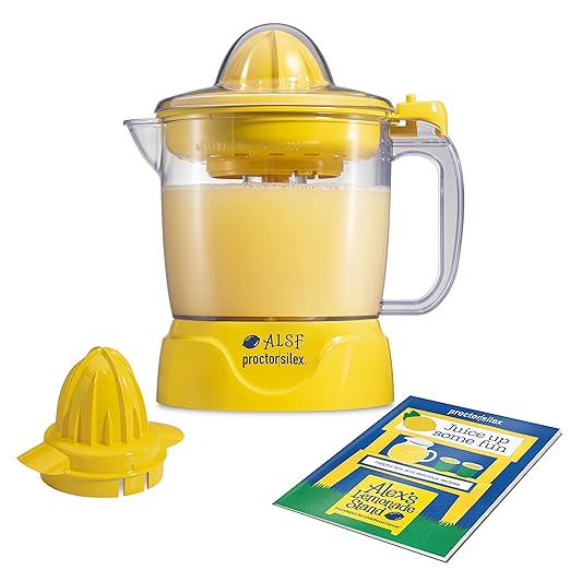 Proctor Silex Alex's Lemonade Stand 34 oz. Electric Citrus Juicer | Pressure Activated | 2 Reamers For Big and Small Fruit | Pulp Control | For Orange, Lemon, Grapefruit Juice | Yellow