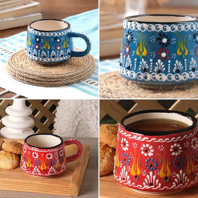 BCS 6 Oz Cappuccino Cups Set of 2, Ceramic Coffee & Tea Mugs, Colorful Handmade Cups, Dishwasher & Microwave Safe Ceramic Mugs (3 Inches, Blue - Red)