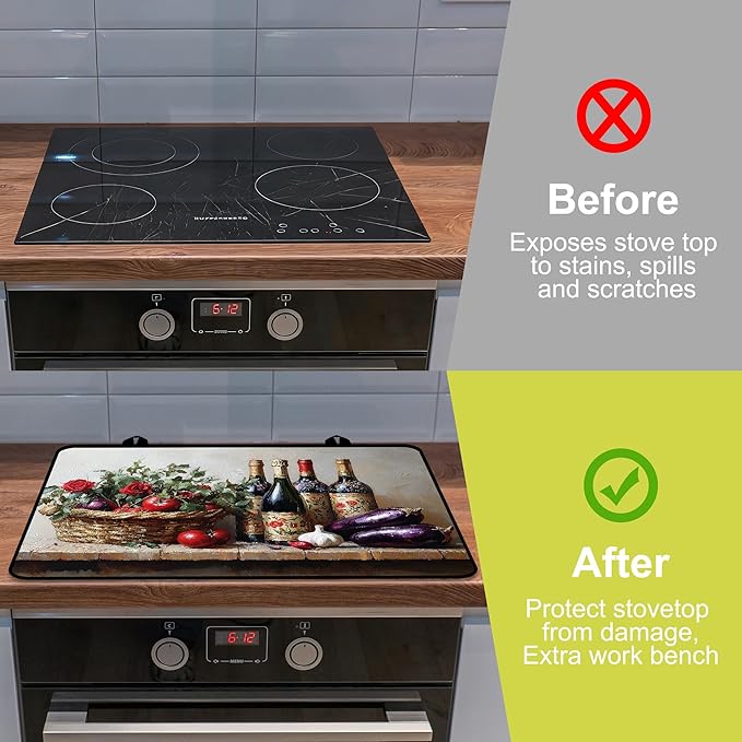 Glass Stove top Cover 28"x 20", Stove Top Covers for Electric Stove, Flat Range Mat for Glass Cooktop, Kitchen Heat-Resistant Protector Non-Slip Drying Mat (Foods and Wine Bottles)