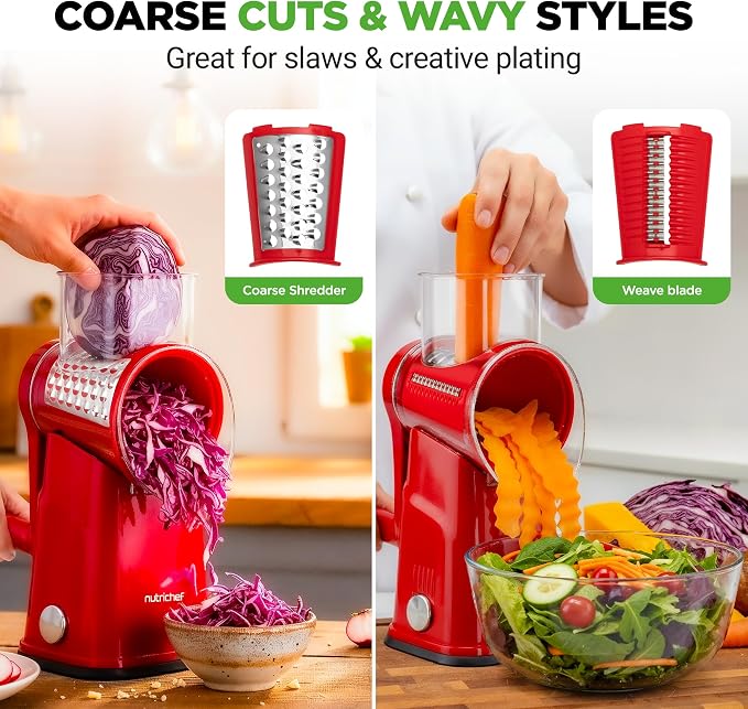NutriChef 5 in 1 Cheese Grater & Shredder | 5 Different Blades for Thin, Thick, Julienne Strips, Wavy, & Straight Strips | Includes Hand Crank, Strong Suction Base & Storage Container | Red