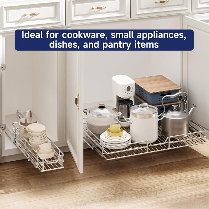 Pull Out Cabinet Organizer, 25.5" W x 21.5" D, Heavy Duty Chrome Slide Out Shelf for Wide Base Cabinets, Sliding Wire Basket Drawer for Pots, Pans, Appliances & Pantry Storage