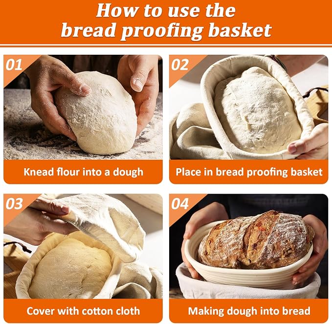 6 Pack Oval Banneton Proofing Basket Set 10 Inch, Natural Rattan Sourdough Bread Baskets with Linen Liners, Dough Baking Bowls for Professional & Home Bakers (10" Oval -6 Pack)