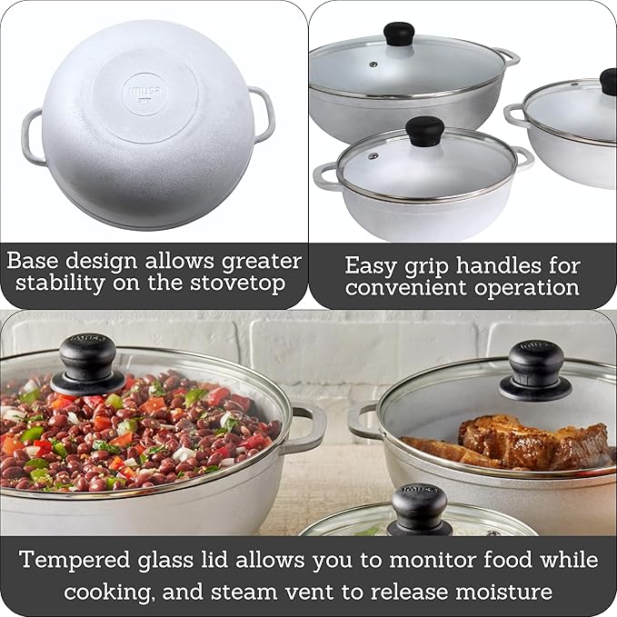 IMUSA Caldero Stock Pot with Glass Lid 3pc Set, 1.5/2.5/5.2qt, Cast Aluminum, Perfect for Serving Medium & Small Groups, Riveted Handles, Made in Colombia, Silver.