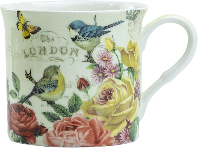 Bone China Coffee Tea Mugs 10-Ounce, Assorted (Botanical Bird Garden), 4 Count (Pack of 1)