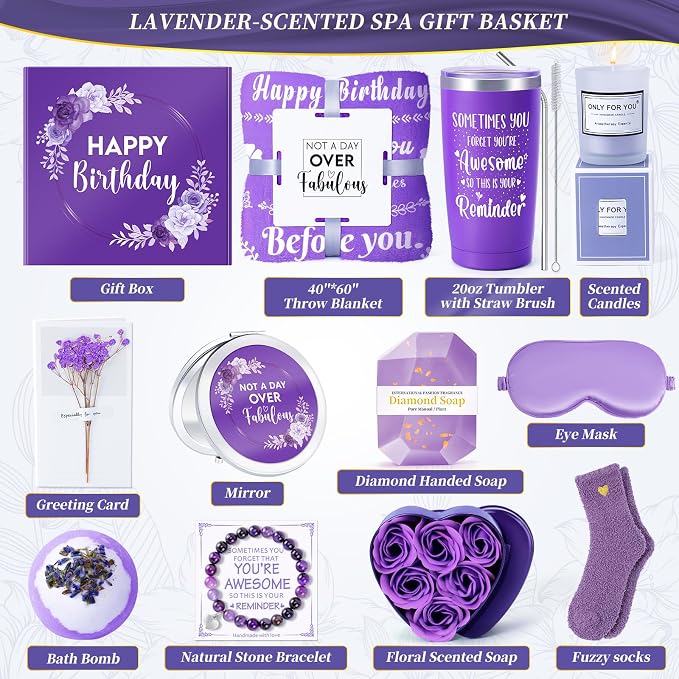 Fortuning's JDS 14PCS Lavender Relaxing Spa Gifts Basket for Women - Self Care Gifts for Mom, Wife, Girlfriend, Sister, Her - Birthday, Mother's Day, Get Well Soon Gifts