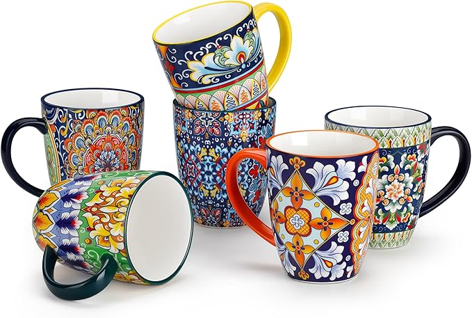 vancasso 12 oz Coffee Mugs Set of 6, Ceramic Mug with Handle, Boho Coffee Cups for Latte, Cappuccino & Hot Chocolate, Dishwasher & Microwave Safe Gift Set, Series SIMI