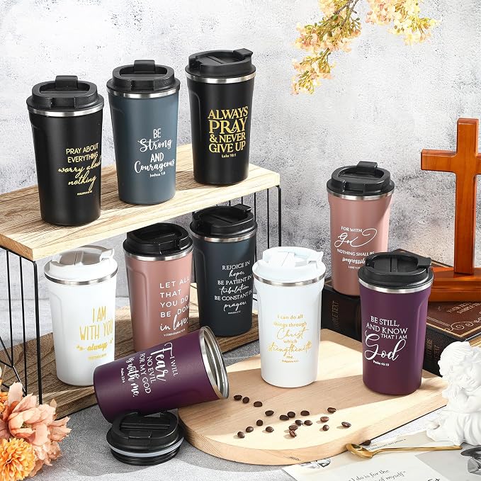 Meanplan 10 Set Christian Gift Bible Verse Tumbler 17oz Coffee Cup Religious Gifts Bulk Christian Tumblers for Women Men Vbs Church Party Favors Sunday School Back to School (Multicolor, Bible Theme)