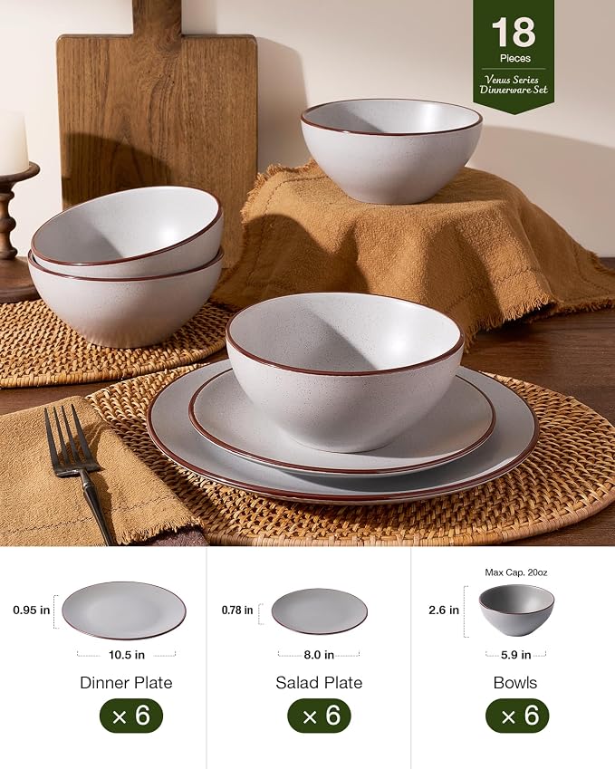 Famiware Venus Plates and Bowls Sets with Trim, 18 Pieces Speckled Stoneware Dinnerware Set for 6, Matte Light Gray - Modern Minimalist, Microwave & Dishwasher Safe Dishes for Everyday & Formal Dining
