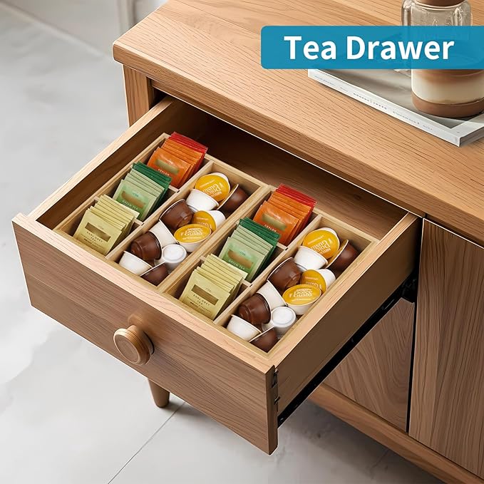 Tea Bag/Sugar Packet Holder,Coffee Station Condiment Organizer,Bamboo Tea Organizer,Large 4-Compartment Organizer Tray for Drawer/Shelf/Countertop,10.2 x 7.9 x 2.4 inch