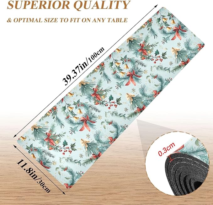 Red Bow Christmas Holly Trivet Table Runner Heat Resistant 230F for Hot Dishes Pots Plates Kitchen Dining Table Protector Decorative 39.37 X 11.8 Inch