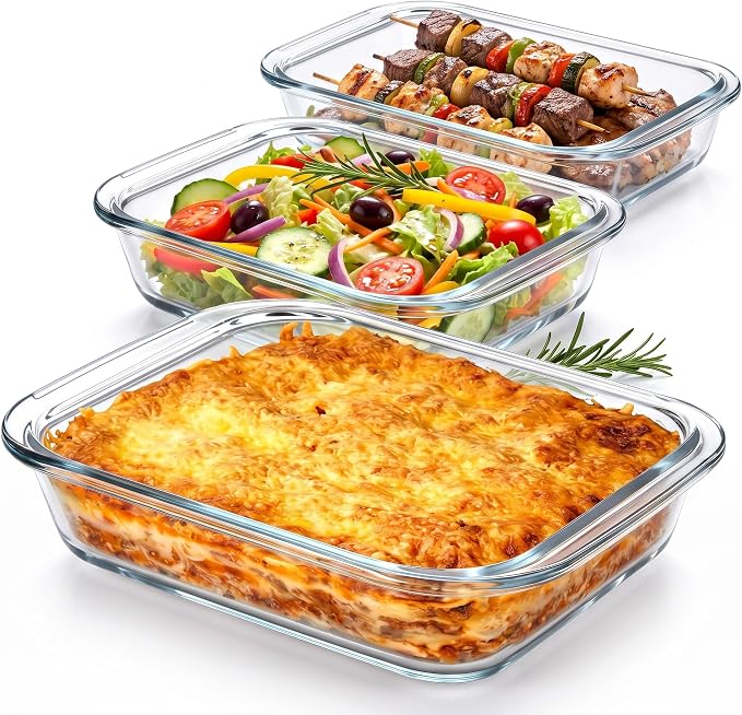 High Borosilicate Glass Baking Dishes for Oven, (2.3QT, 1.6QT, 1.0QT, 3 Pack) Rectangular Bakeware Sets, Deep Glass Casserole Dishes with Handle for Microwave, Baking, Meal Preparation