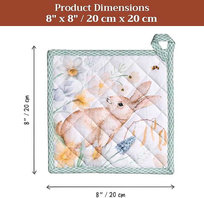 Maison d' Hermine Pot Holders 100% Cotton Heat Resistant Potholders 8" x 8" Hot Pads with Loop BBQ Cooking Baking Gifts for Mothers Day Handling Hot Pans Spring/Summer (Pack of 2, Easter Dew)