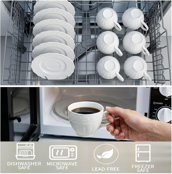 6 oz White Cappuccino Mug - Bone China Floral Ceramic Coffee Cup with Saucer - Microwave and Dishwasher Safe, Perfect For Tea, Espresso, Latte - Elegant Set for Kitchen or Cafe, Baristas, Great Gift